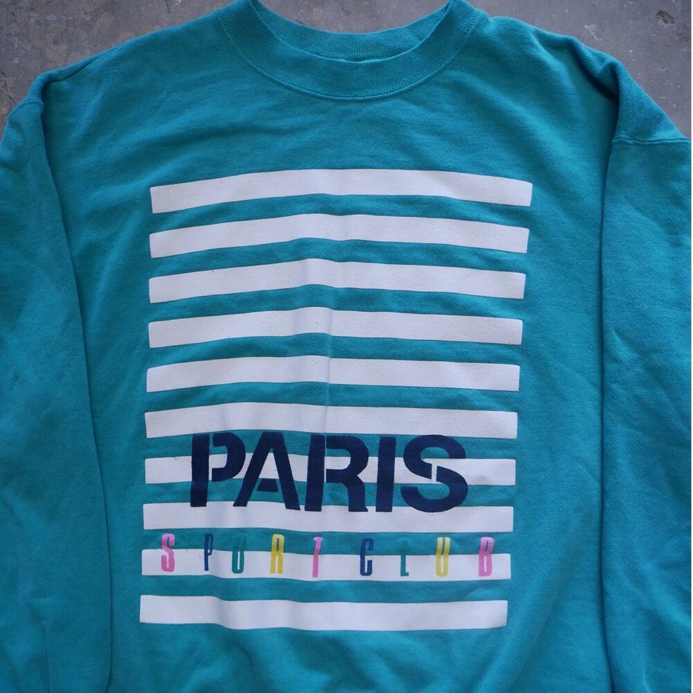 Vintage 90s Hanes Paris Sport Club Teal Crewneck Made In USA Womens Size XL - Picture 2 of 8